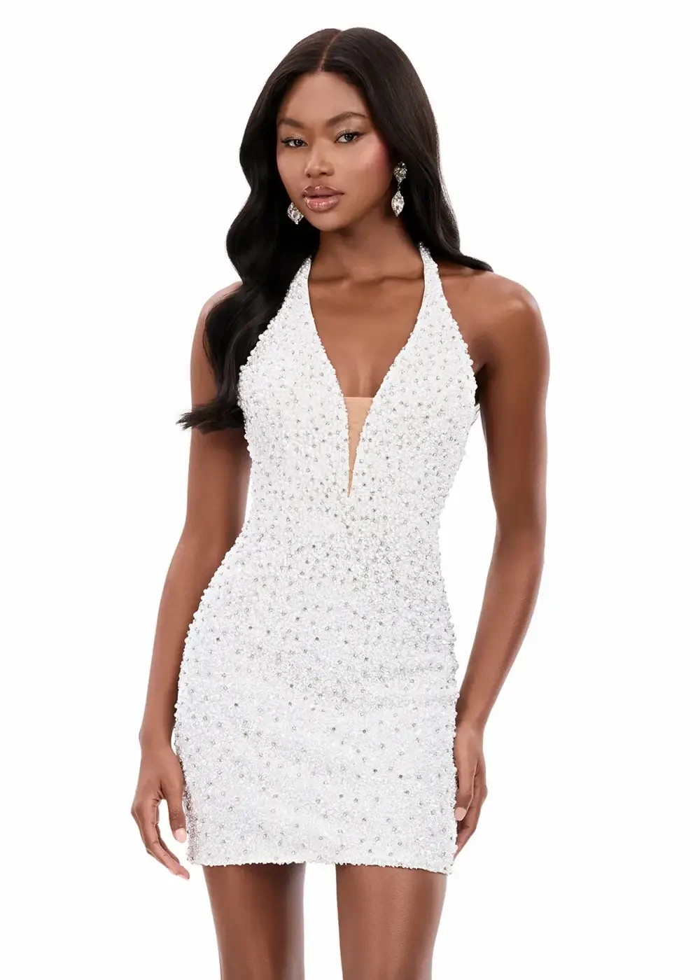 model is wearing a sleeveless sparkly white mini dress