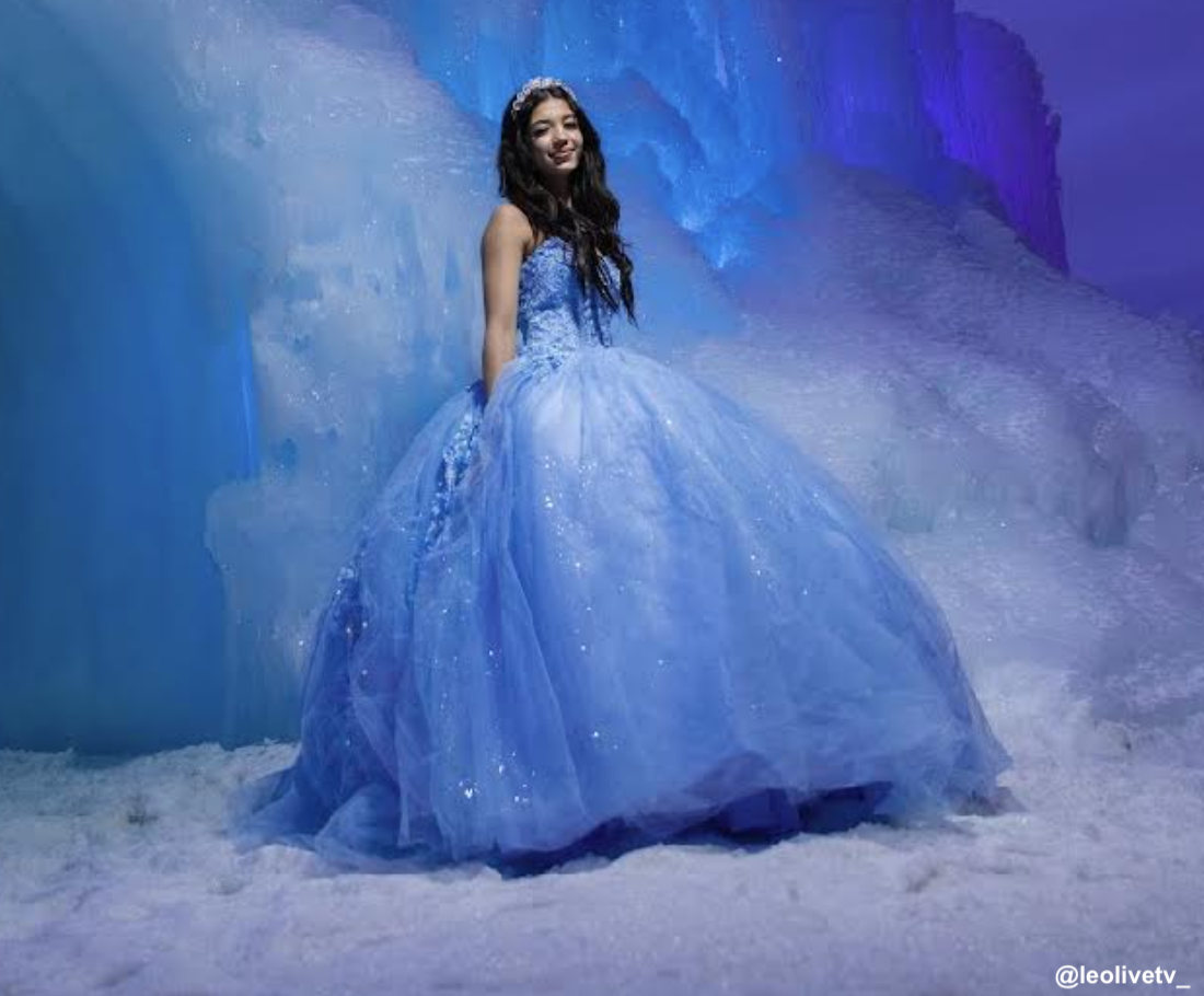 Model wearing a blue gown