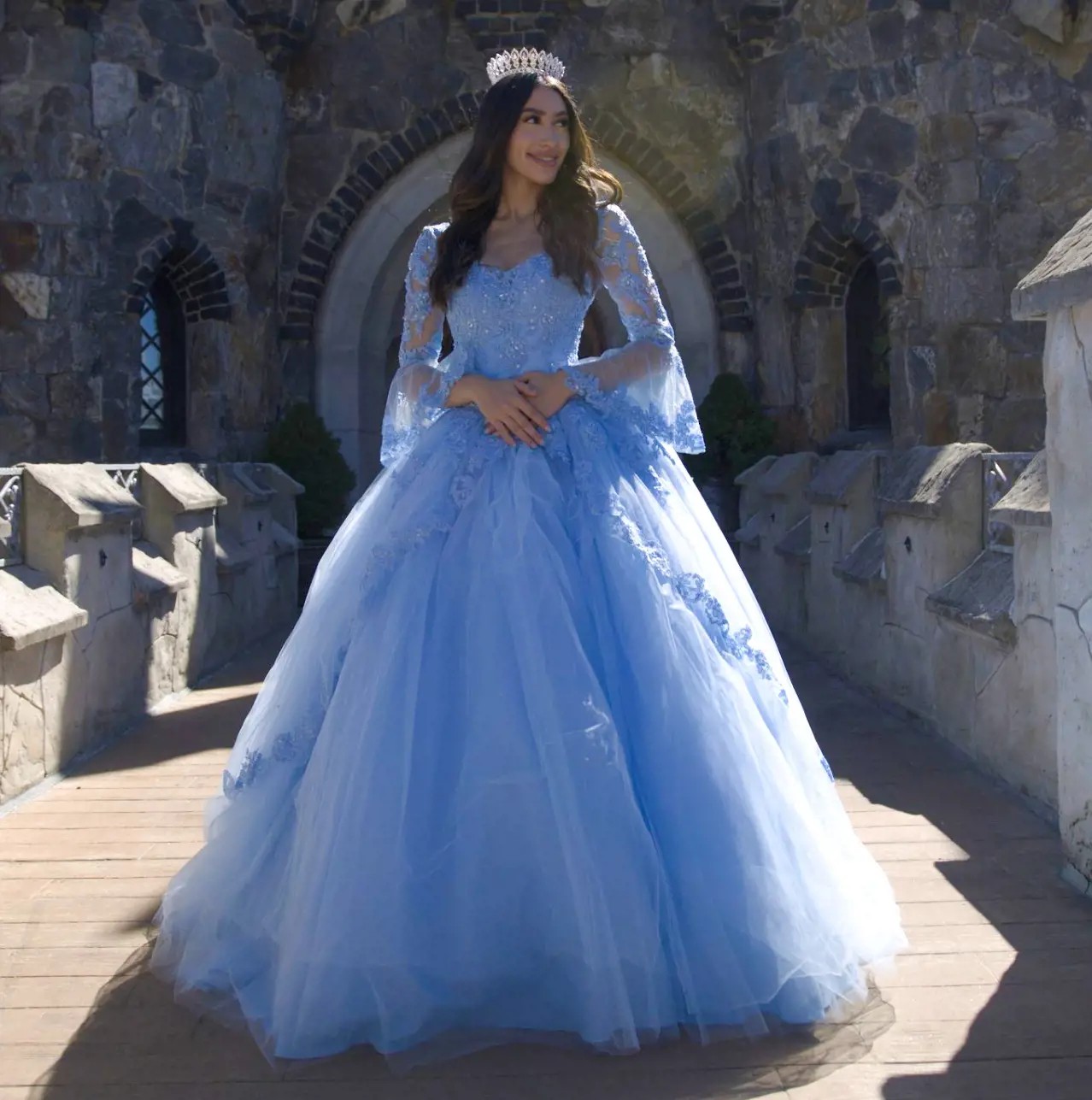 Model wearing a blue gown