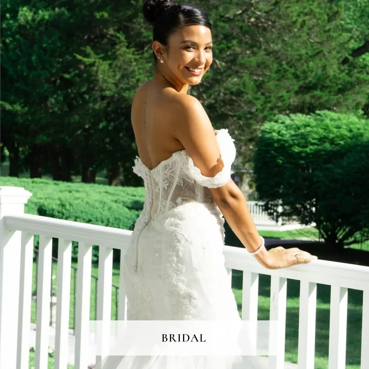 Model wearing Bridal Dress w/ party