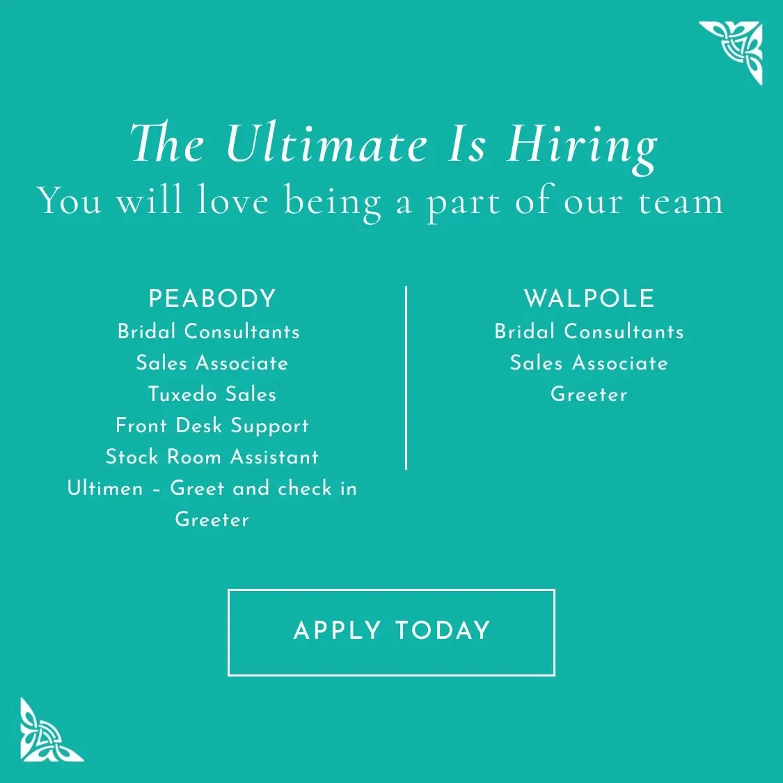 Hiring positions at The Ultimate banner