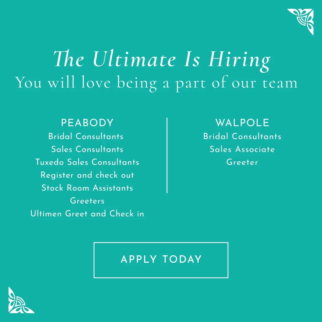 Hiring positions at The Ultimate banner