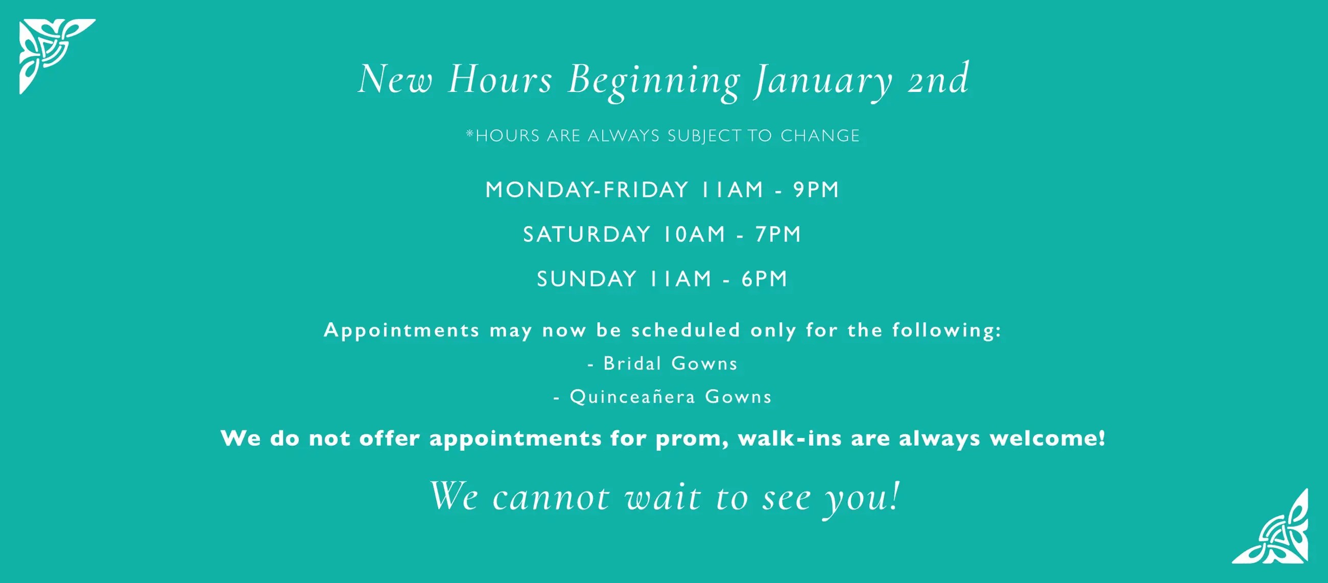New Hours Beginning January 2nd